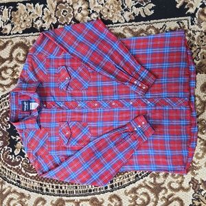 Vintage Distressed Wrangler Blue Red Lightweight Plaid Snap Shirt Retro Rodeo